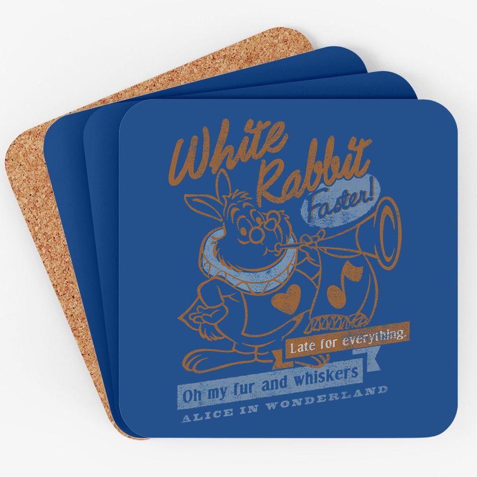 Alice In Wonderland White Rabbit Outlined Text Poster Coaster