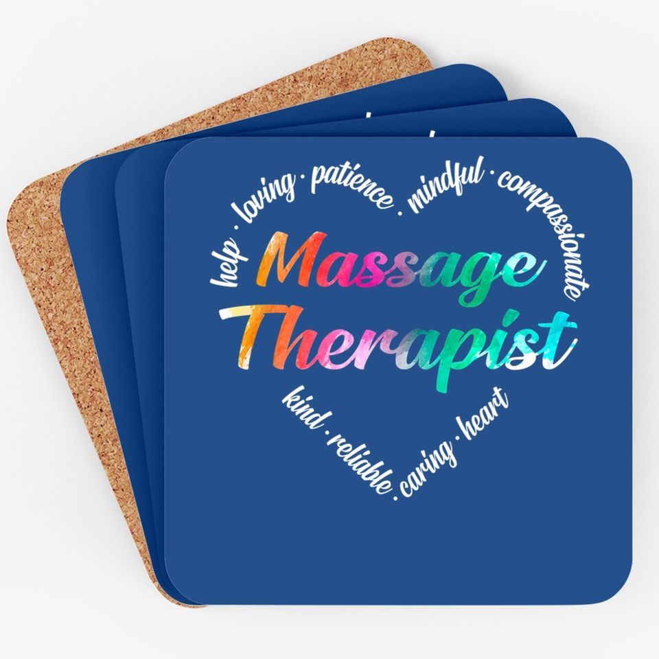 Massage Therapist Heart Word Cloud Watercolor Rainbow Coaster