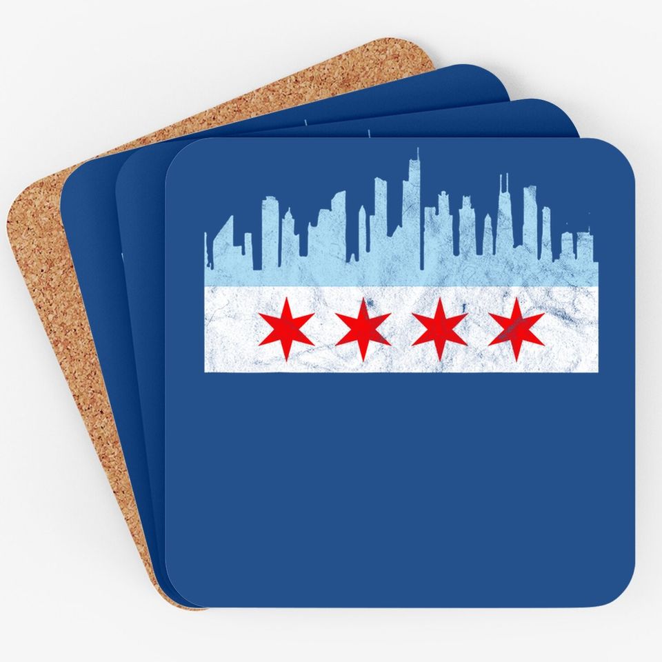Chicago Flag Distressed Vintage Downtown Skyline Illinois Coaster