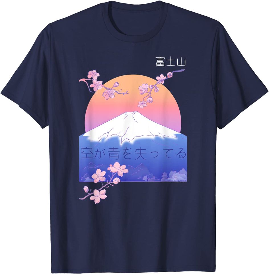 Artistic Japanese Design of Mount Fuji with Cherry Blossoms T Shirt