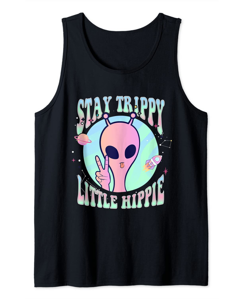 Stay Trippy Little Hippie Art Peace Sign Hand UFO Pink Alien Tank Top