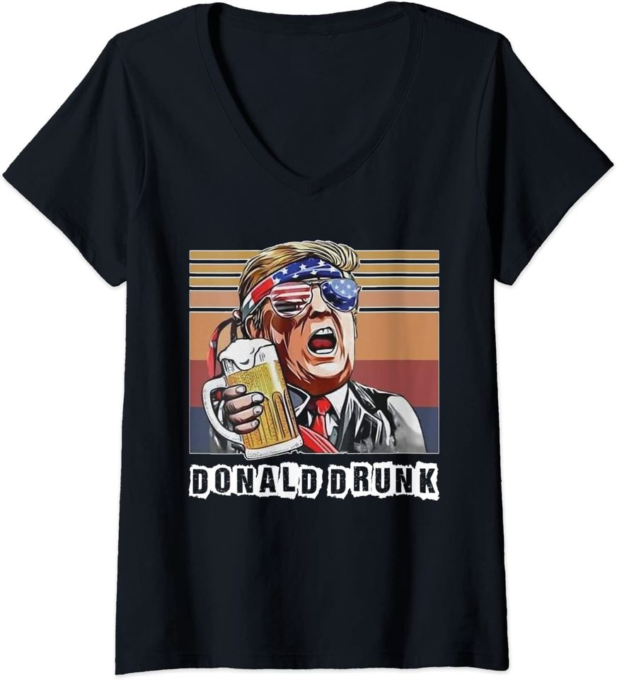 Womens Donald Drunk American Flag Patriotic V-Neck T-Shirt