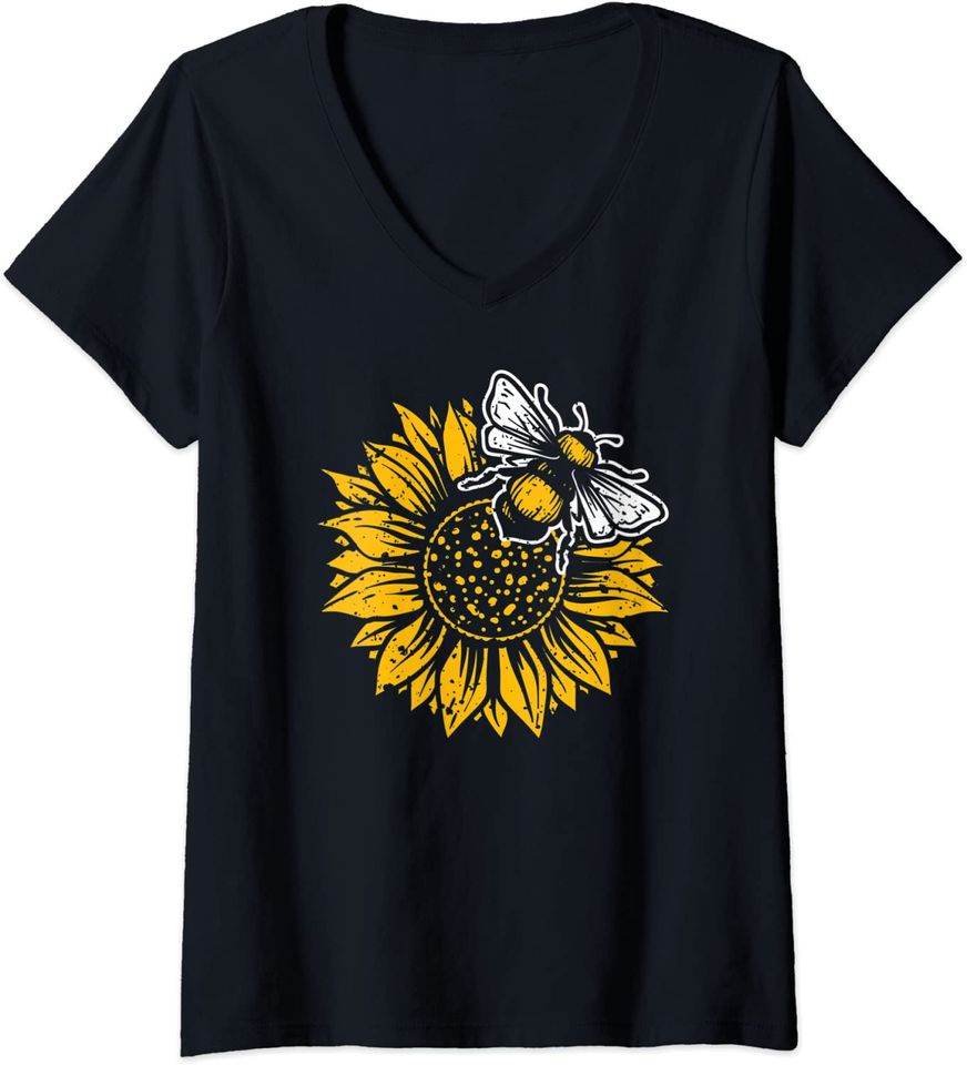 Womens Bumblebee Sunflower Springtime Save The Bees V-Neck T-Shirt