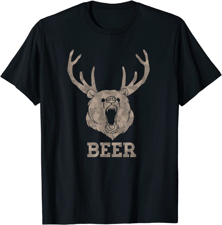 Bear Deer Beer Drinking Camo Antlers Hunting Camping Gift T-Shirt