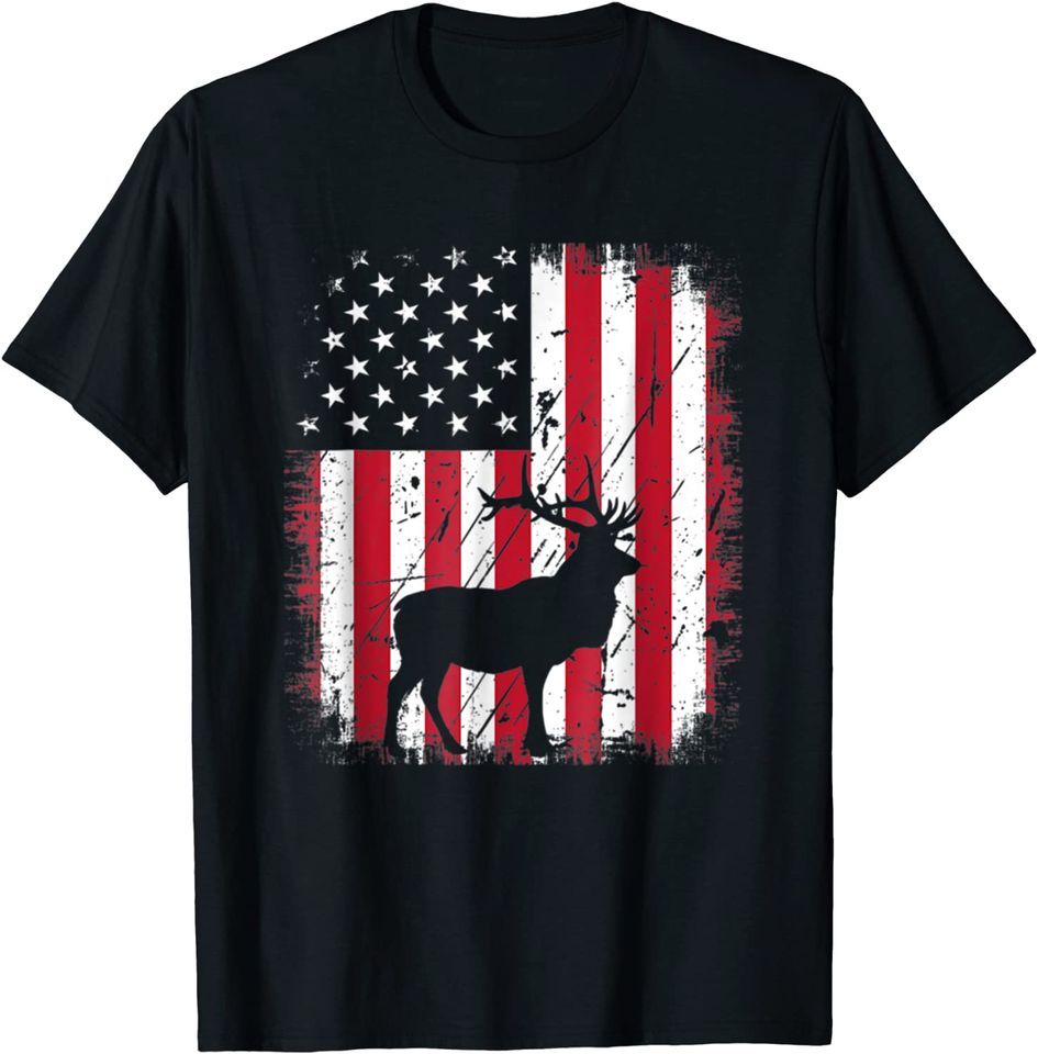 Deer Hunting American USA Flag Silhouette Funny Hunters Tees T-Shirt