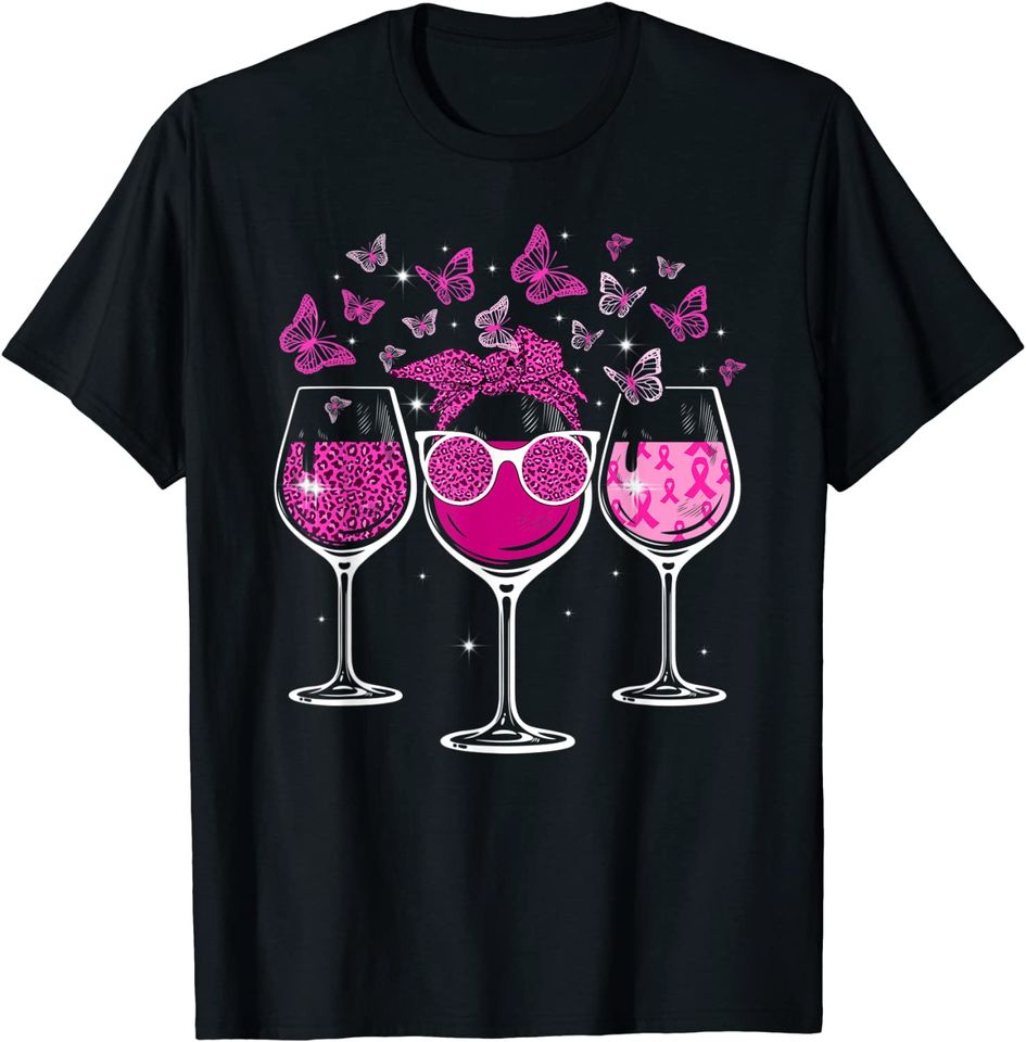 Wine Glass Butterfly Breast Cancer Awareness Pink Ribbon T-Shirt