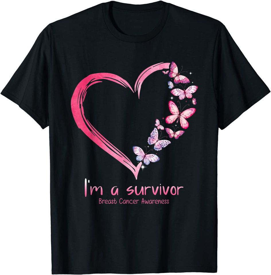 Pink Butterfly Heart I'm A Survivor Breast Cancer Awareness T Shirt