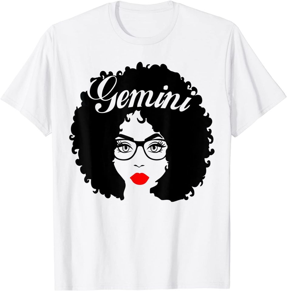 Black Queen Birthday Gifts Red Lips Afro Diva Gemini Zodiac T Shirt