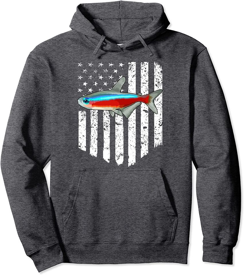 Black White American Flag Neon Tetra 4th Of July Fish Pullover Hoodie