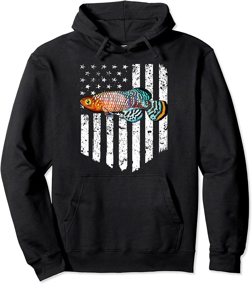 Black White American Flag Killifish 4th Of July Fish Pullover Hoodie