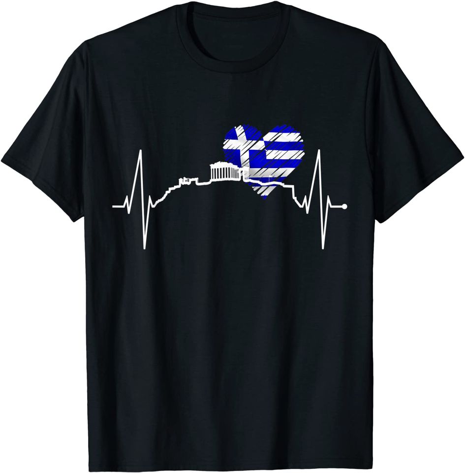 Athens Skyline Heartbeat Heart Ancient Greek Flag T Shirt