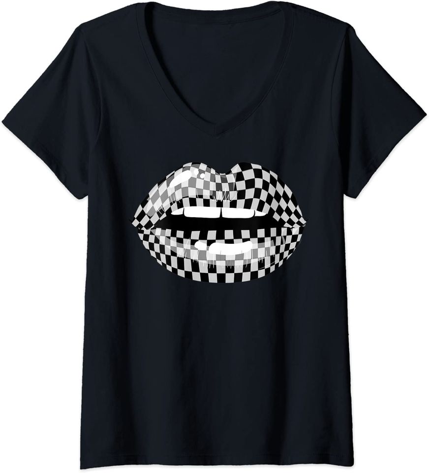 Checkered Black White Lip Gift Checkerboard Women V-Neck T-Shirt