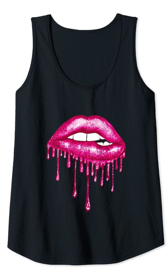 Pink Dripping Biting Lips Faux Lipstick Effect 80s Tank Top