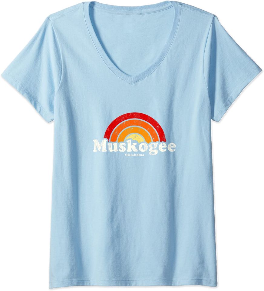 Muskogee Oklahoma OK Vintage 70s Retro Rainbow V-Neck T-Shirt