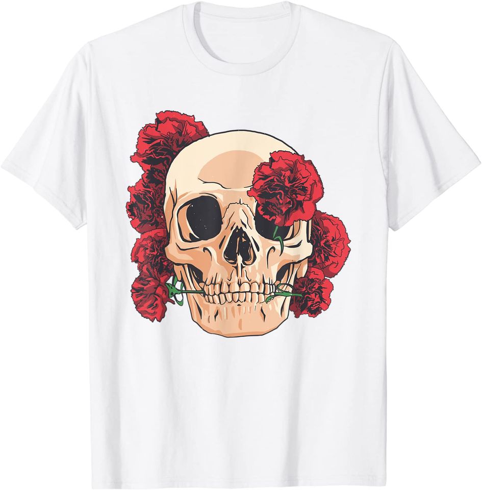 Skull With Red Carnations Flowers T-Shirt