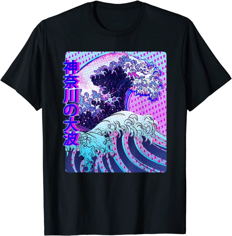 Japanese Art Great Wave off Kanagawa Glitch Aesthetic Kanji T Shirt