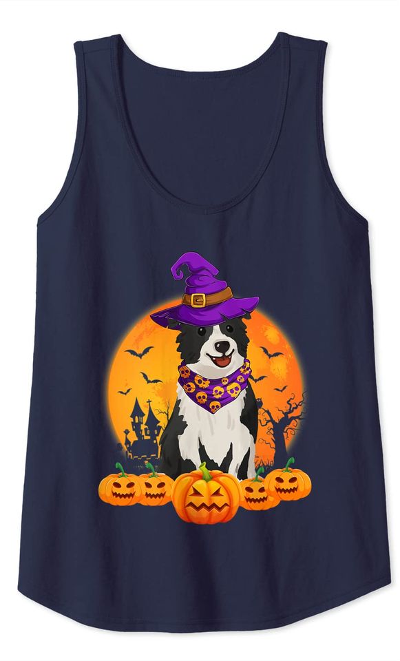 Funny Witch Hat Pumpkin Border Collie Halloween Tank Top