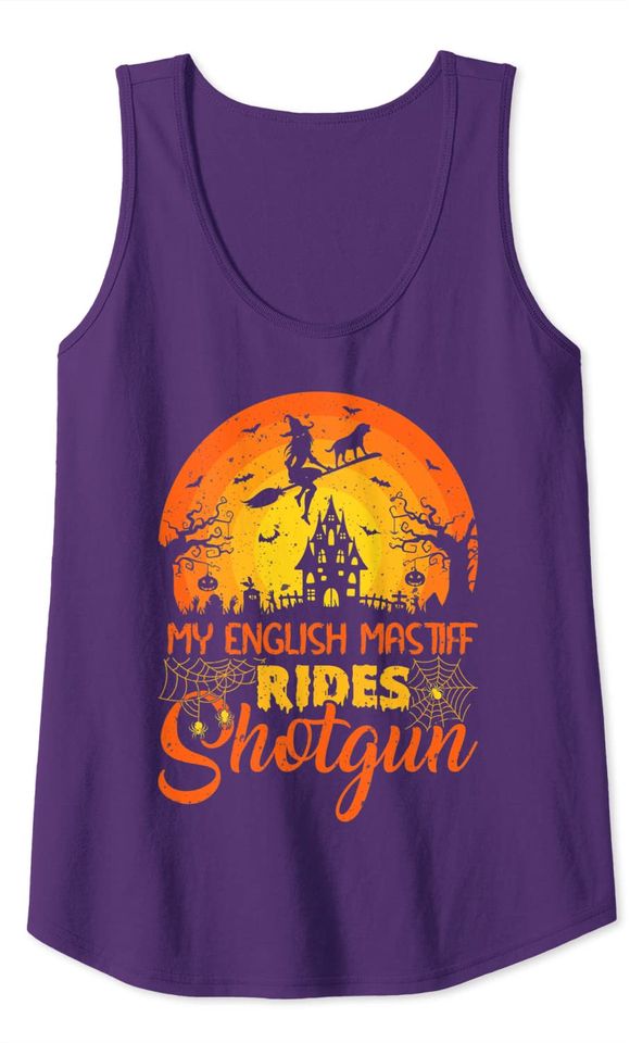 Vintage Witch My English Mastiff Rides Shotgun Halloween Tank Top