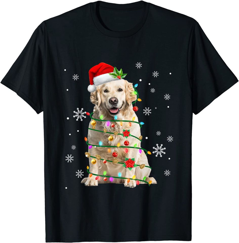 Santa Golden Retriever Christmas Tree Light Pajama X-mas T-Shirt