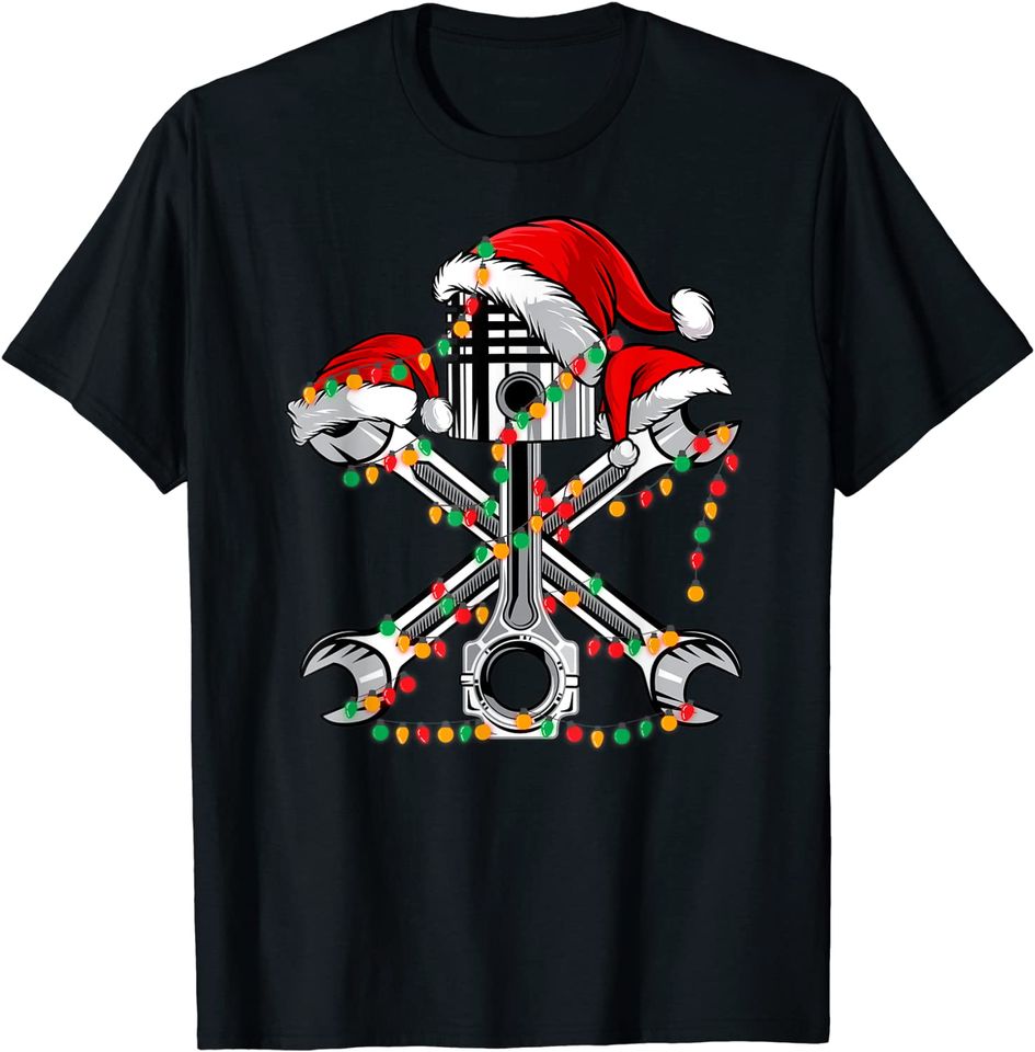 Piston Wrench Santa Hat Christmas Lights Bike Car Mechanic T-Shirt
