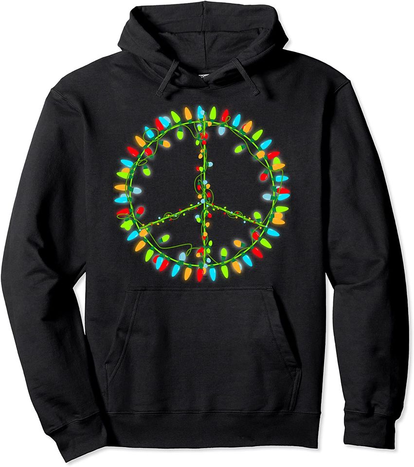 Christmas Lights Peace Sign Retro Hippie Happy Holidays Pullover Hoodie