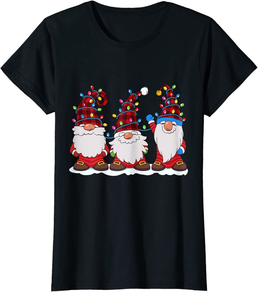 Three Gnomes Red Plaid Hat Gnome Christmas Tree Lights Hoodie