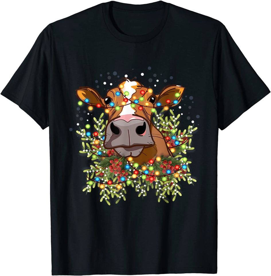Funny Head Cow Xmas Light Christmas T-Shirt