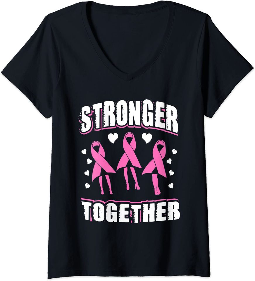 Breast Cancer Stronger Together Dancing Pink Ribbons V Neck T Shirt