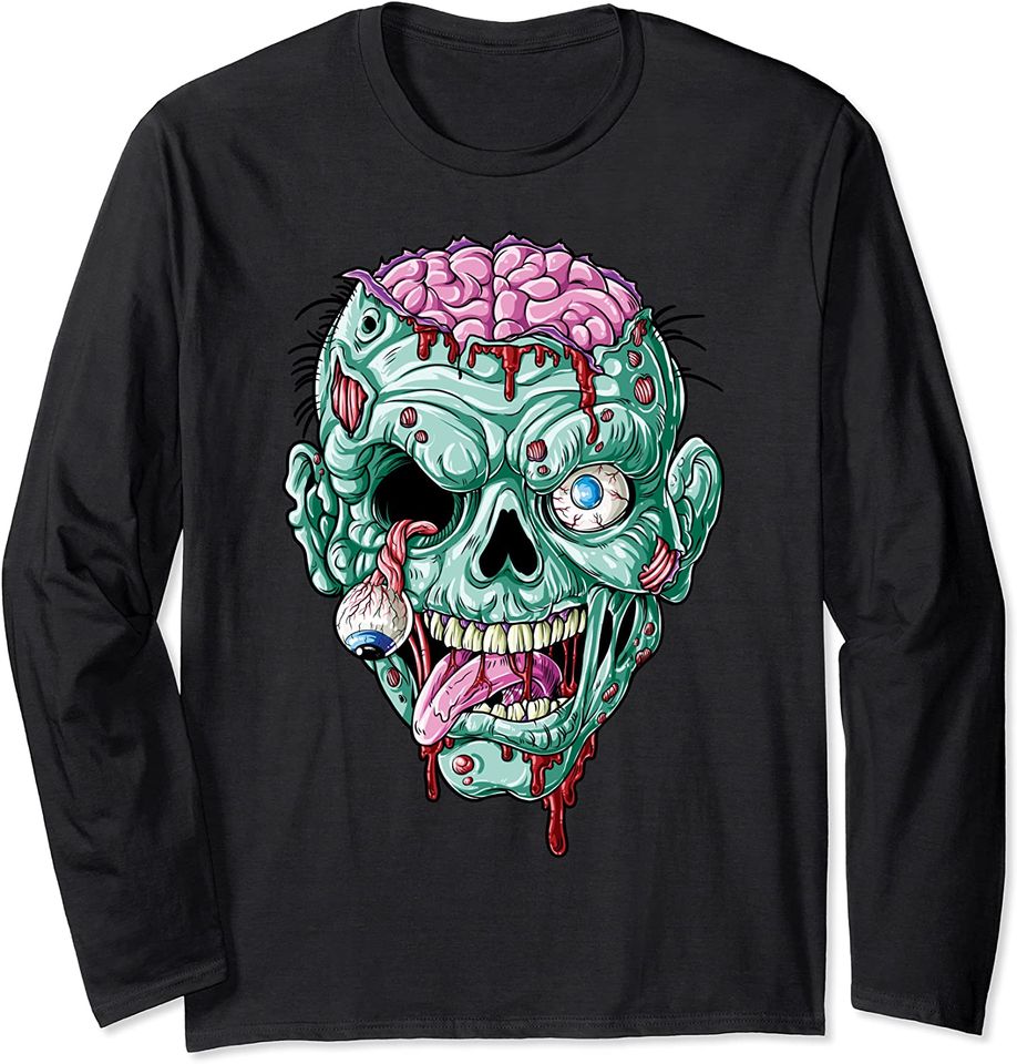 Zombie Face Brain Funny Halloween Long Sleeve T-Shirt
