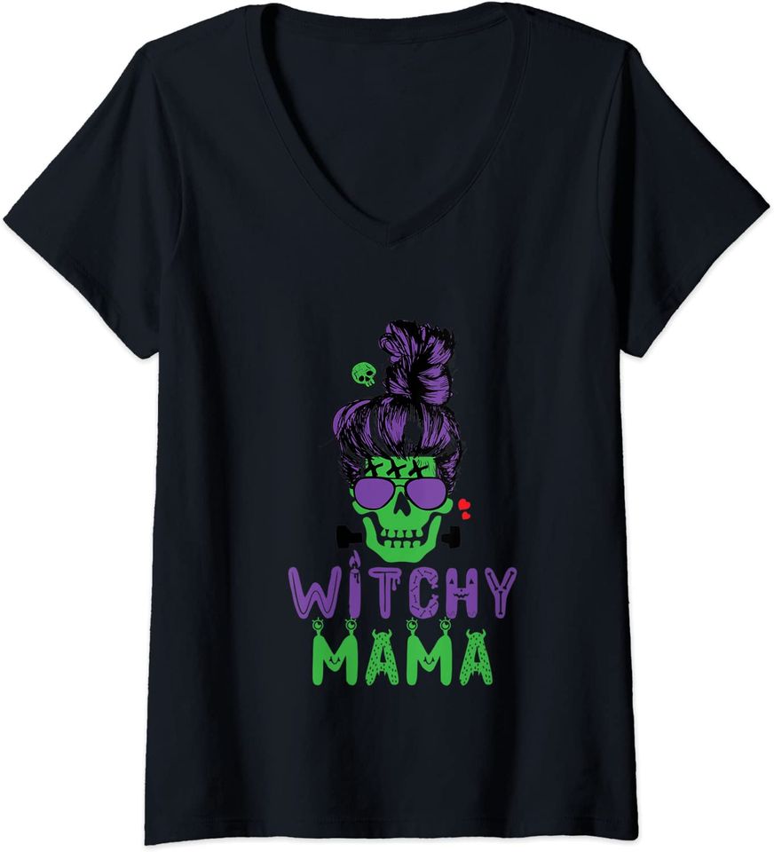 Witchy Mama 31 Halloween Shirt Skull Witch Mom Women Spooky V-Neck T-Shirt