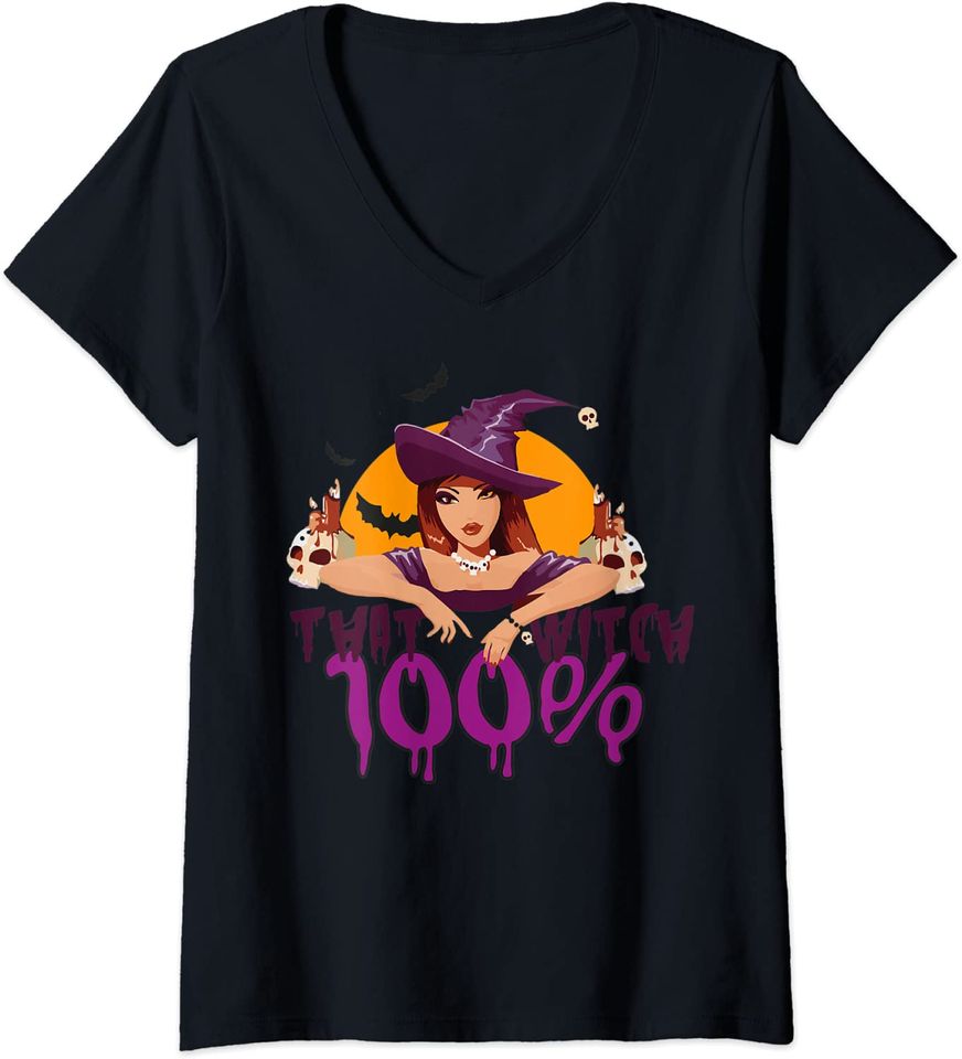 100% That Witch Halloween V-Neck T-Shirt