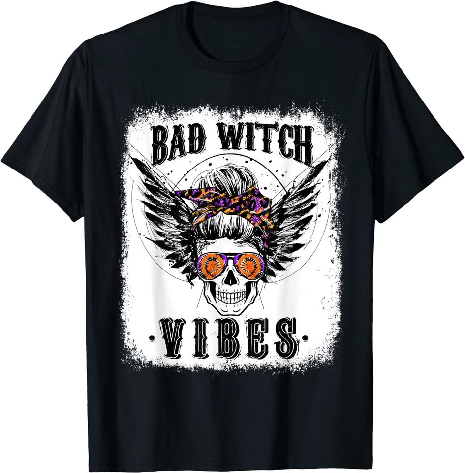 Bad Witch Vibes Halloween Skull Leopard Messy Hair Bun Wings T-Shirt