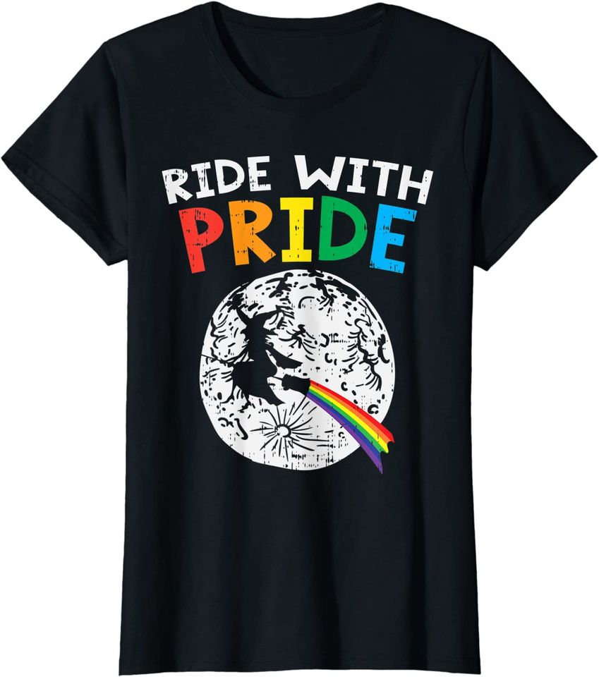 Ride With Pride LGBT Lesbian Witch Gay Rainbow Halloween T-Shirt