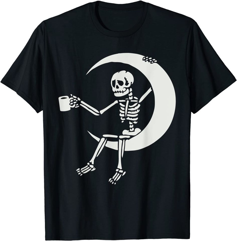 Halloween Coffee Drinking Skeleton Skull Sitting On The Moon T-Shirt