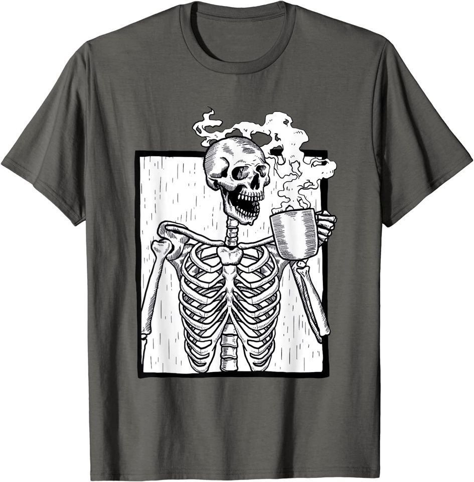 Halloween Coffee Drinking Skeleton Skull T-Shirt