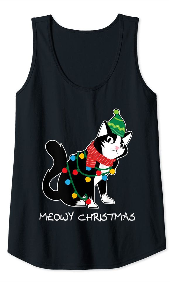 Santa Hat Cat Meowy X-Mas Light Up Funny Christmas Gift Tank Top
