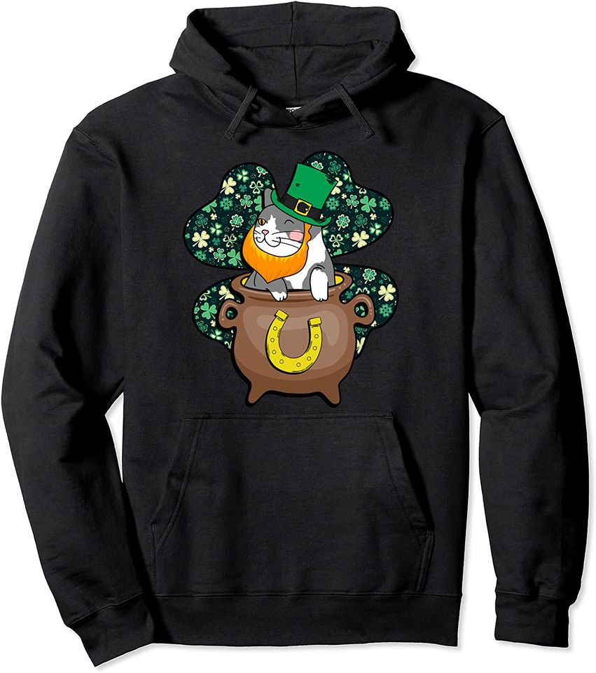 Funny St. Patrick's Day Cat Silhouette Shamrock - St. Paddys Pullover Hoodie