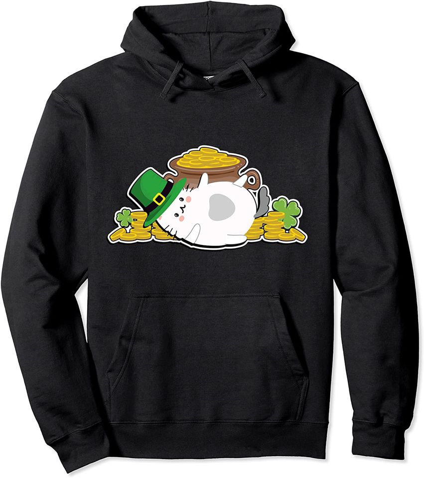 St. Patrick's Day Cat Silhouette Shamrock Pullover Hoodie