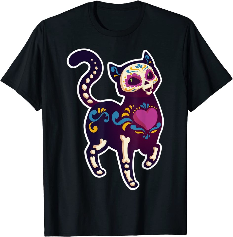 Cute Day Of The Dead Mexico Calavera Sugar Skull Cat Moon T-Shirt