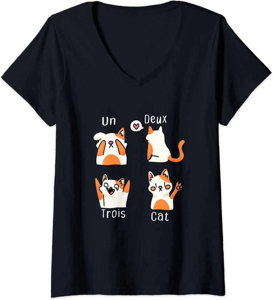 Un Deux Trois Cat Kitten French Cat V-Neck T-Shirt