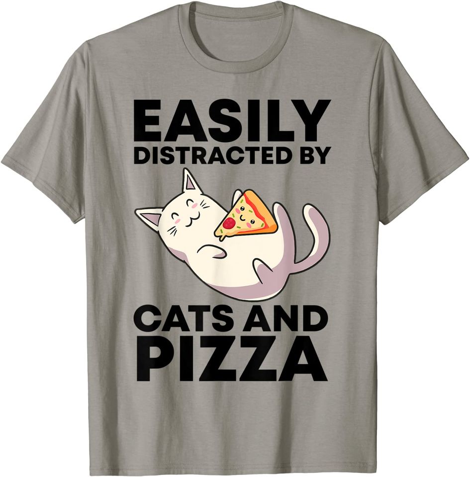 Easily Distracted By Cats And Pizza Kawaii Cat T-Shirt