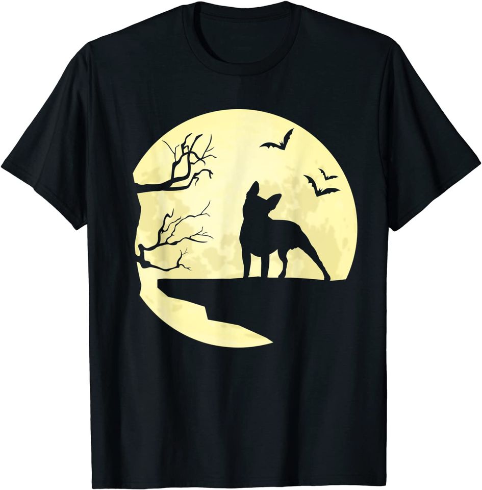 Boston Terrier Silhouette in Full Moon Dog Bats and Trees T-Shirt