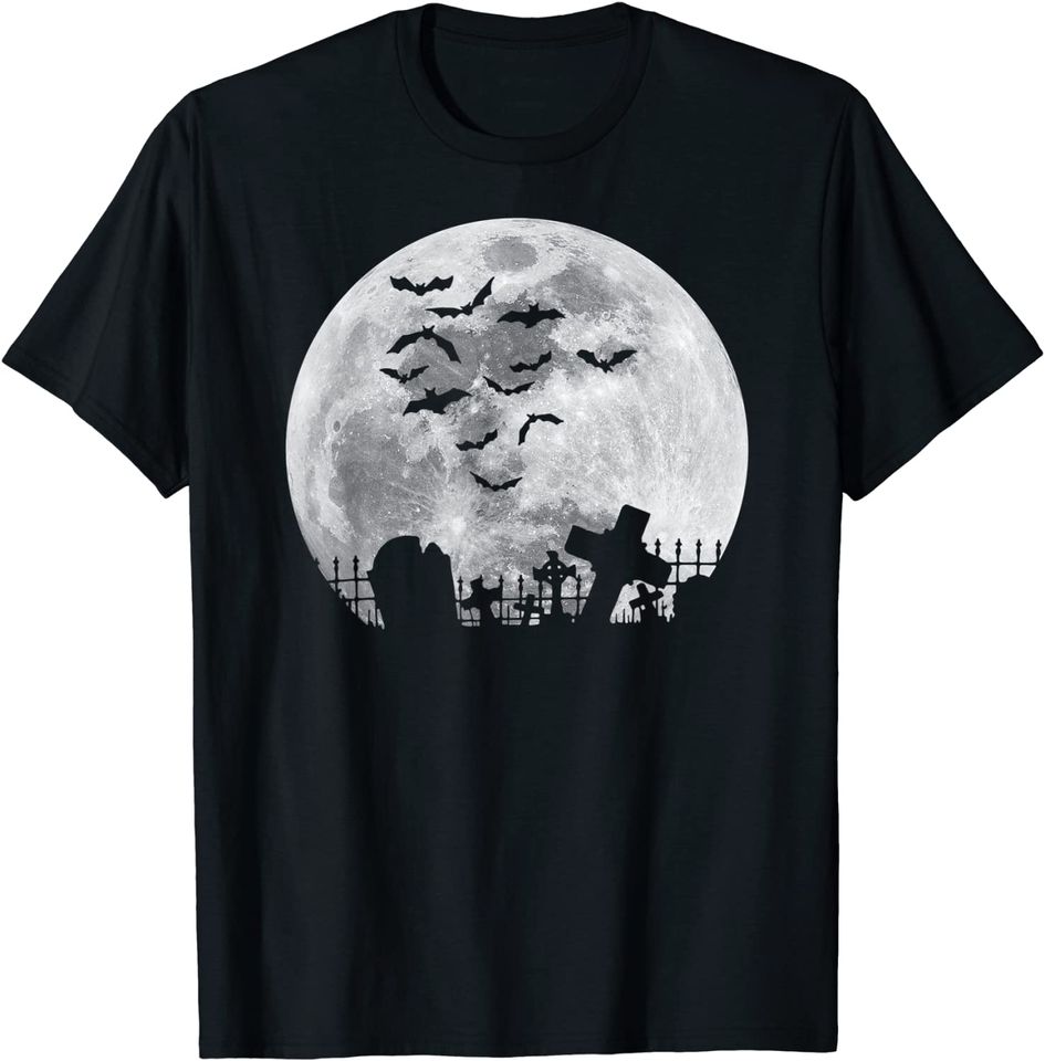 Halloween Full Moon Cemetery Graveyard Spooky Bats Night T-Shirt
