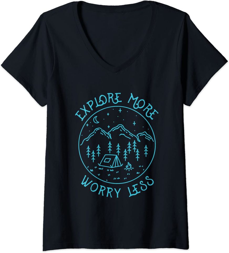 WExplore More Worry Less Campfire Nature Lover Tent Camping V-Neck T-Shirt