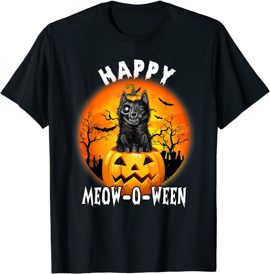 Funny Meowloween Cat Lover Retro Vintage Happy Halloween T-Shirt