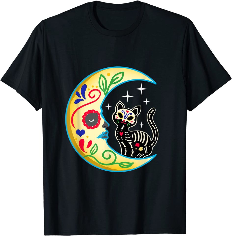 Cat Skull & Moon Sugar Skull Dia de Los Muertos Day of The Dead T-Shirt