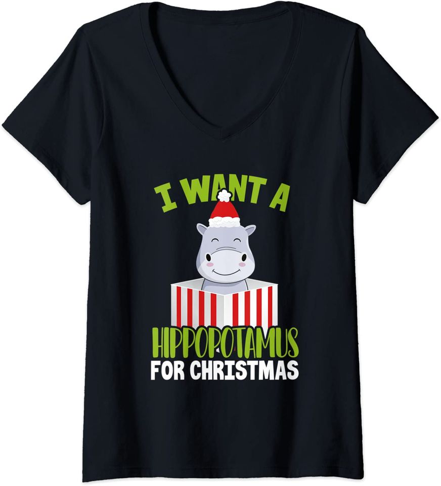 I Want A Hippopotamus For Christmas Funny Hippo Lover Attire V-Neck T-Shirt