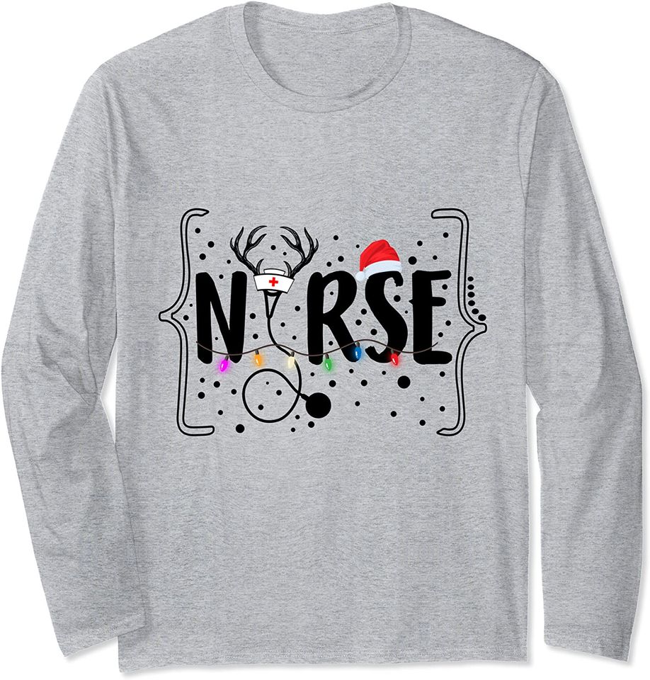Nurse Christmas Santa Hat Stethoscope Reindeer Antler Long Sleeve T-Shirt