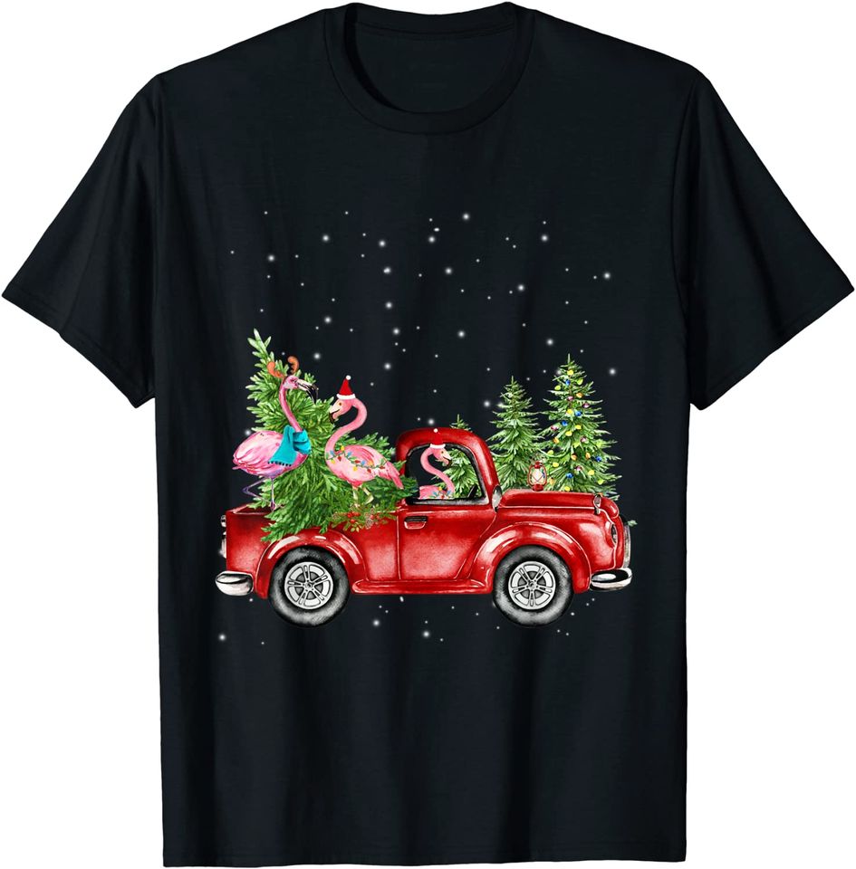 Christmas Three Flamingo Ride Red Truck Xmas Santa Hat T-Shirt
