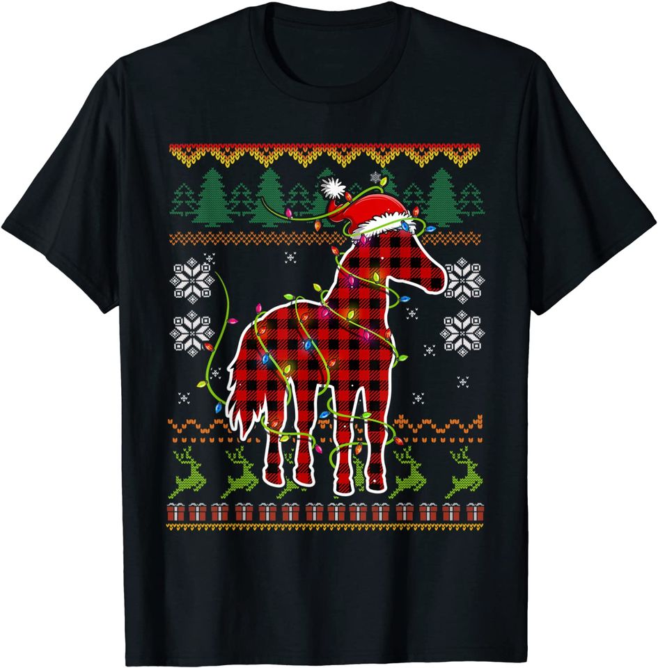 Red Plaid Horse Santa Ugly Christmas Sweater Pajamas T-Shirt